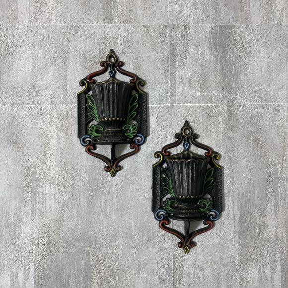 Other - 2 Vtg Wilton Cast Iron Match Stick Holder  Ornate Wall Mount Hand Painted Lot